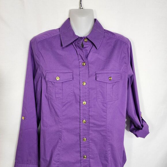 Chicos Womens Top Size 0 Small Button Up Purple Long Roll Tab Sleeve Pockets - Picture 3 of 9